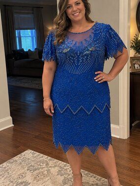 Women's XL Cobalt Blue Vintage Laurence Kazar Beaded Silk 1920s Flapper Dress